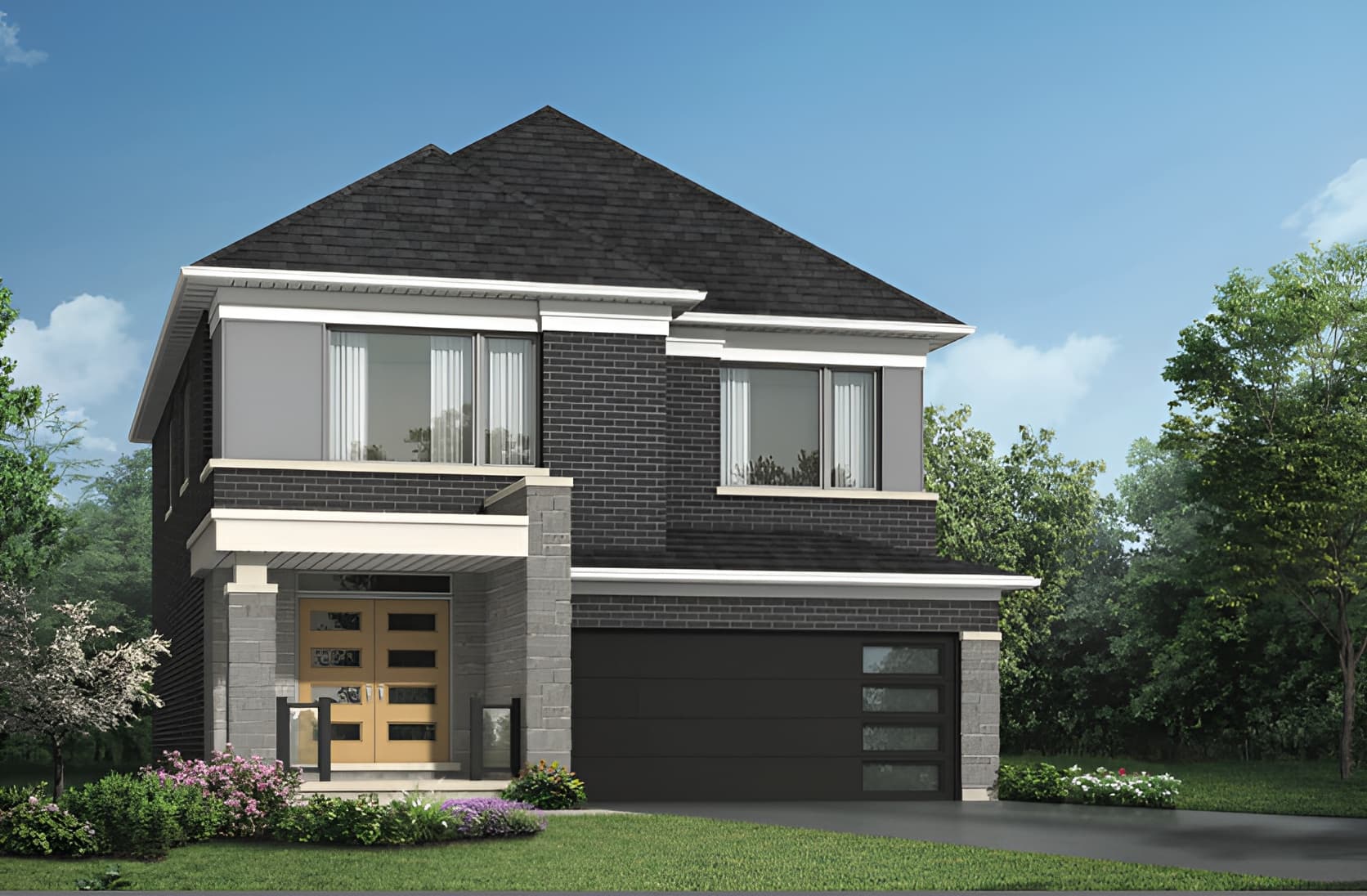 A modern, two-storey detached home with a dark brick and light stone exterior