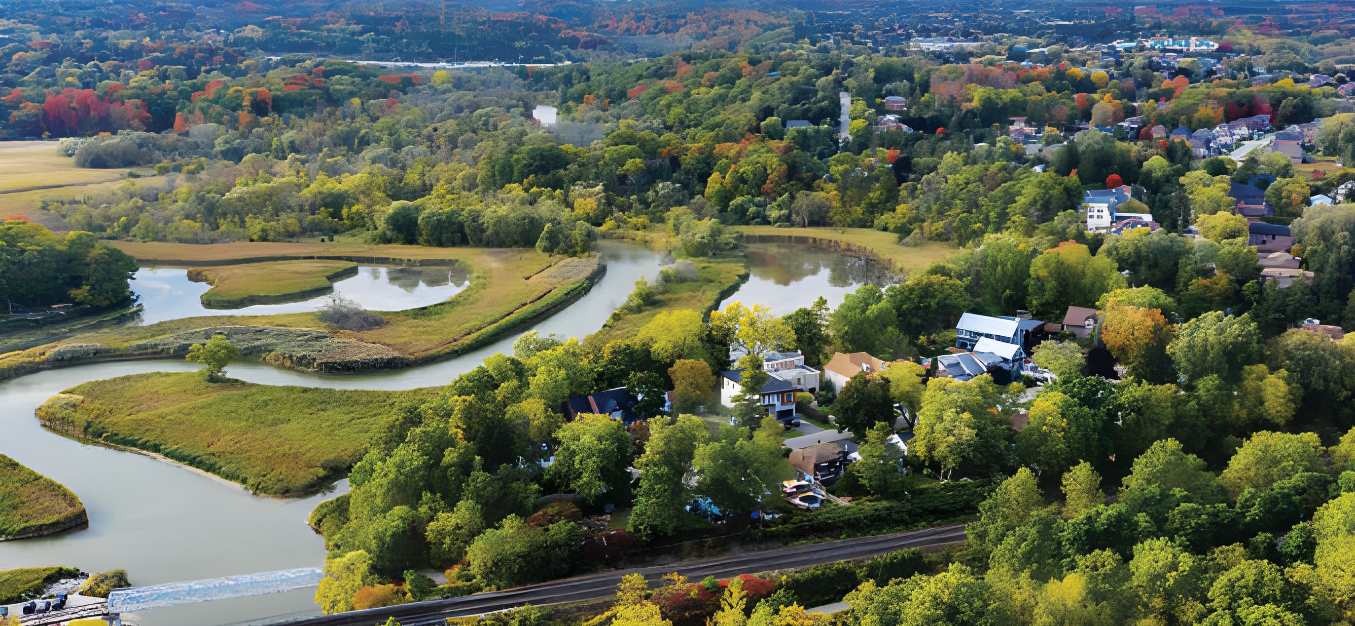 Aerial view of the Seaton Whitevale community surrounded by lush green trees and a river